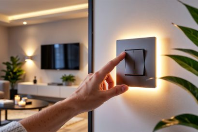 Close up of hand switching electric board at home, electricity, energy and power consumption concept