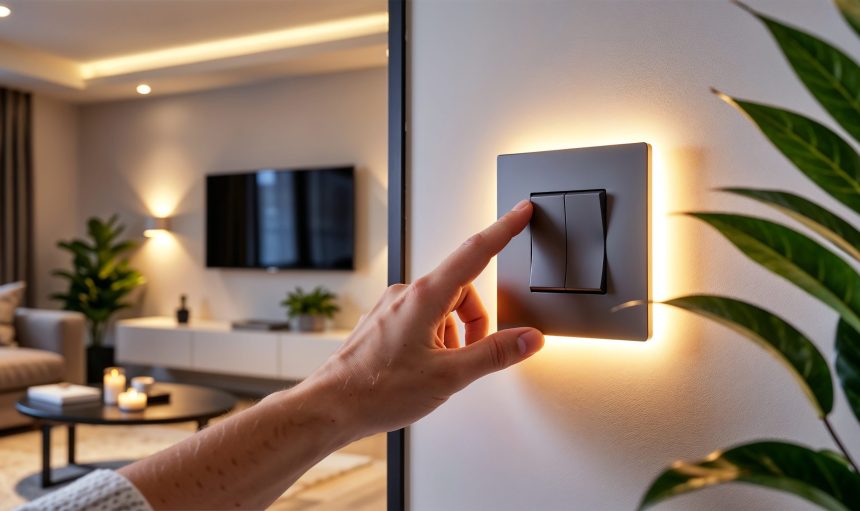 Close up of hand switching electric board at home, electricity, energy and power consumption concept