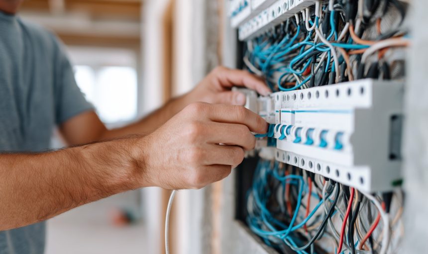 Electrician installing wiring in electrical panel. Professional technician connecting cables and circuits during residential construction and renovation work.